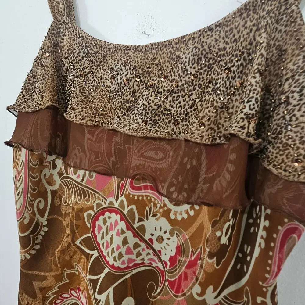 Y2K Fairy Top Brown Paisley Chiffon Asymmetric Ruffle Sleeveless Size Medium - Picture 4 of 5
